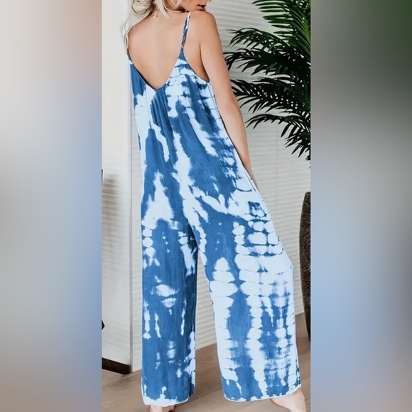 NIP Boho Tie Dye Print Cami V Neck Wide Leg Pocket Spaghetti Strap Jumpsuit S - Picture 12 of 13